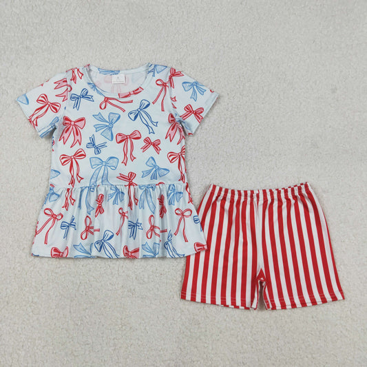 GSSO2838 Red Blue Bows Stars Top Stripes Shorts Girls 4th of July Clothes Set