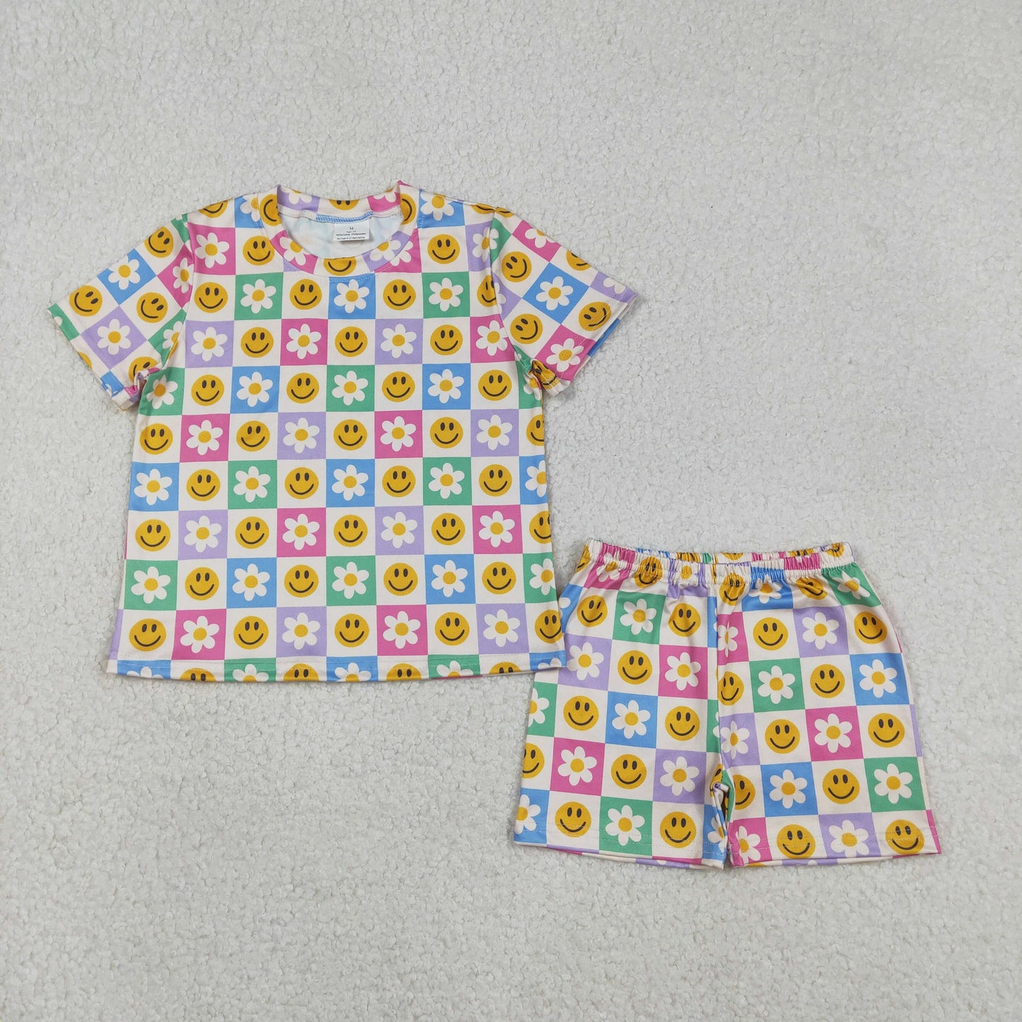 GSSO2864 Colorful Plaid Flowers Smiling Face Print Girls Summer Clothes Set