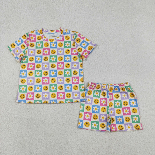 GSSO2864 Colorful Plaid Flowers Smiling Face Print Girls Summer Clothes Set
