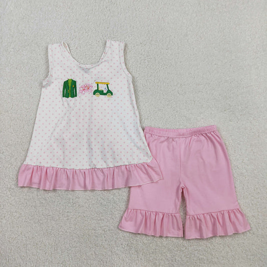 GSSO2884 Golf Truck Embroidery Dots Backless Top Pink Shorts Girls Summer Clothes Set