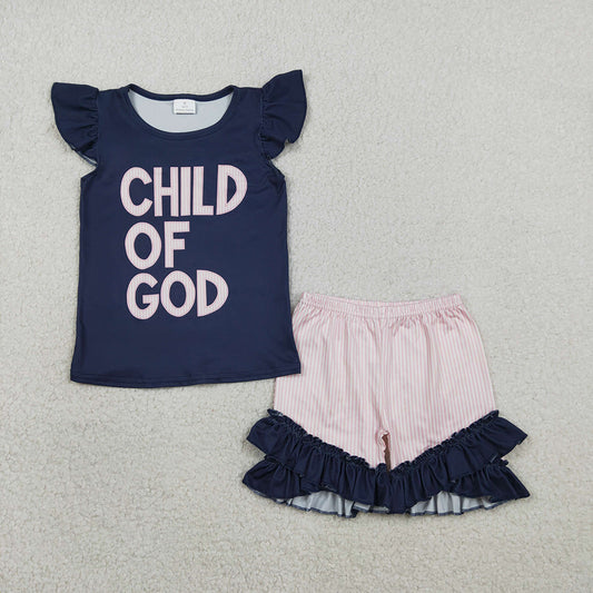 GSSO2933  CHILD OF GOD Navy Top Pink Stripes Shorts Girls Summer Clothes Set