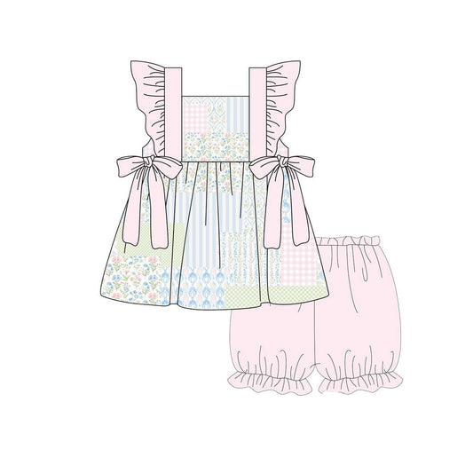 (Pre-order)GSSO2951 Small Flowers Plaid Tunic Top Light Pink Shorts Girls Summer Clothes Set