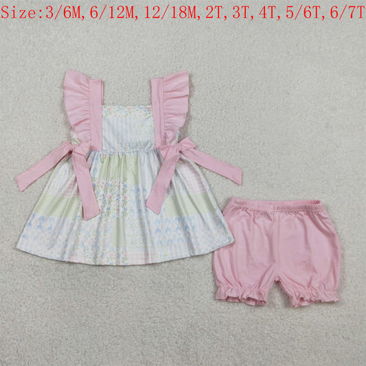 GSSO2951 Small Flowers Plaid Tunic Top Pink Shorts Girls Summer Clothes Set