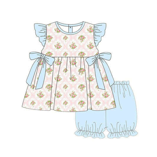 (Pre-order)GSSO2952 Small Flowers Tunic Top Blue Shorts Girls Summer Clothes Set