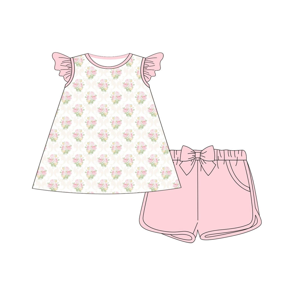 (Pre-order)GSSO2953 Small Flowers Tunic Top Pink Shorts Girls Summer Clothes Set