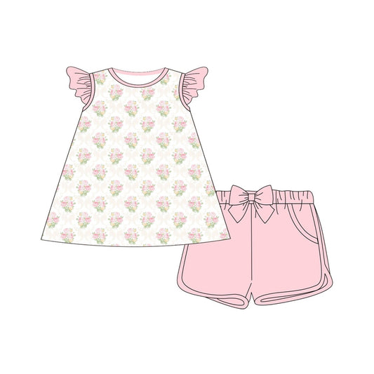 (Pre-order)GSSO2953 Small Flowers Tunic Top Pink Shorts Girls Summer Clothes Set