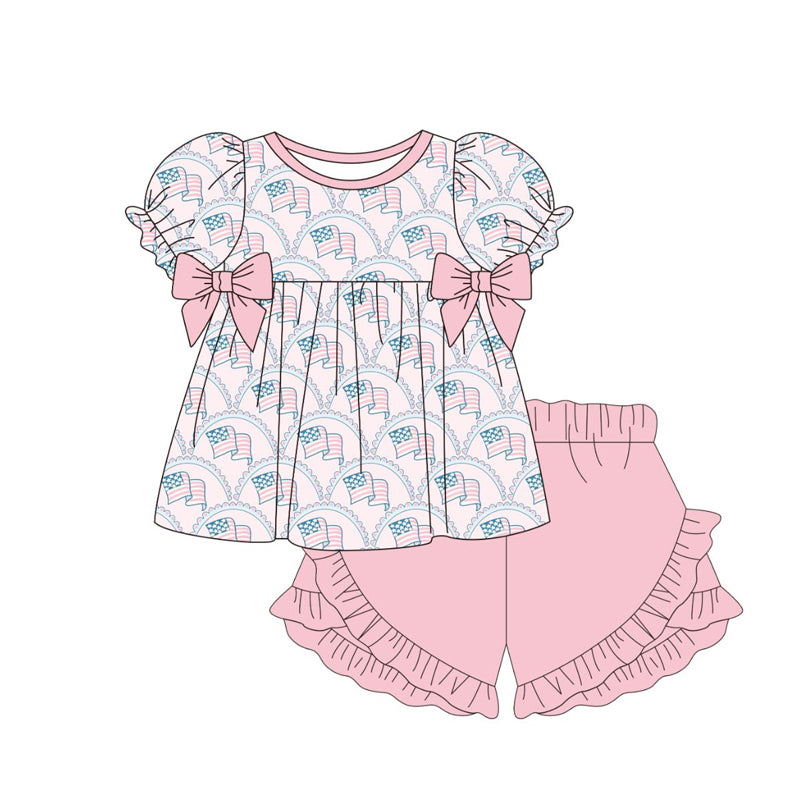 (Pre-order)GSSO2954 Flag Tunic Top Pink Shorts Girls 4th of July Clothes Set