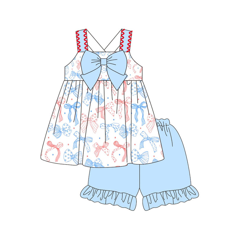 (Pre-order)GSSO2956 Bows Stars Tunic Top Blue Shorts Girls 4th of July Clothes Set