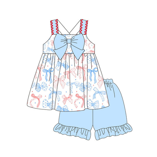 (Pre-order)GSSO2956 Bows Stars Tunic Top Blue Shorts Girls 4th of July Clothes Set