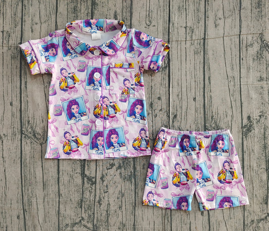 (Pre-order)GSSO2961  Cartoon Demon Movie Purple Bows Print Girls Buttons Summer Pajamas Clothes Set