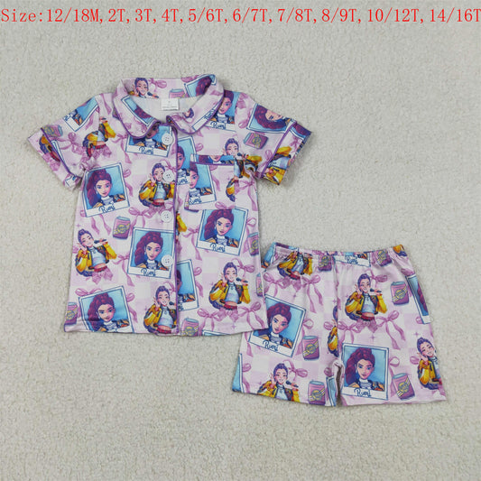 GSSO2961  Cartoon Demon Movie Purple Bows Print Girls Buttons Summer Pajamas Clothes Set