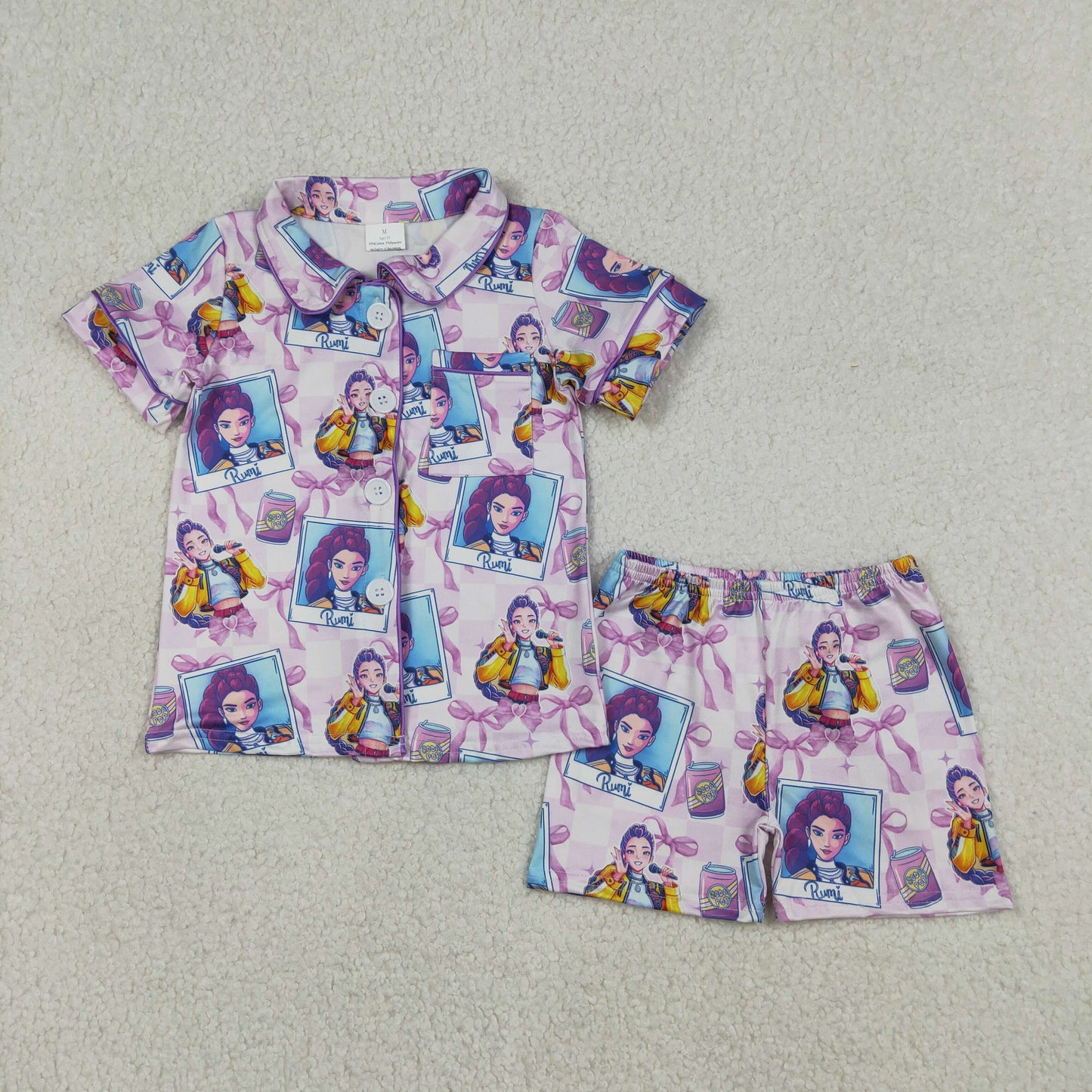 GSSO2961  Cartoon Demon Movie Purple Bows Print Girls Buttons Summer Pajamas Clothes Set