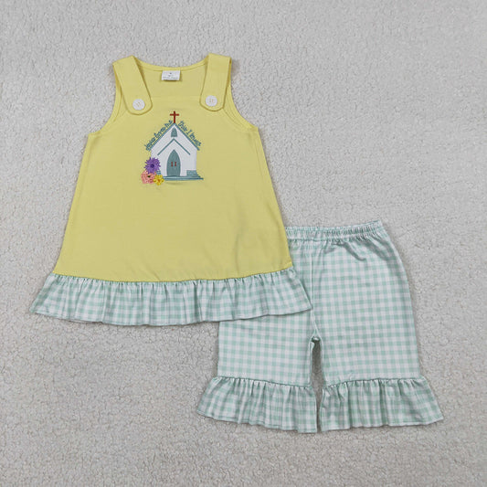 GSSO2966   Jesus Loves Me Embroidery Yellow Top Plaid Shorts Girls Summer Clothes Set