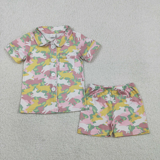 GSSO2972  Bunny Camo Print Girls Easter Buttons Pajamas Clothes Set