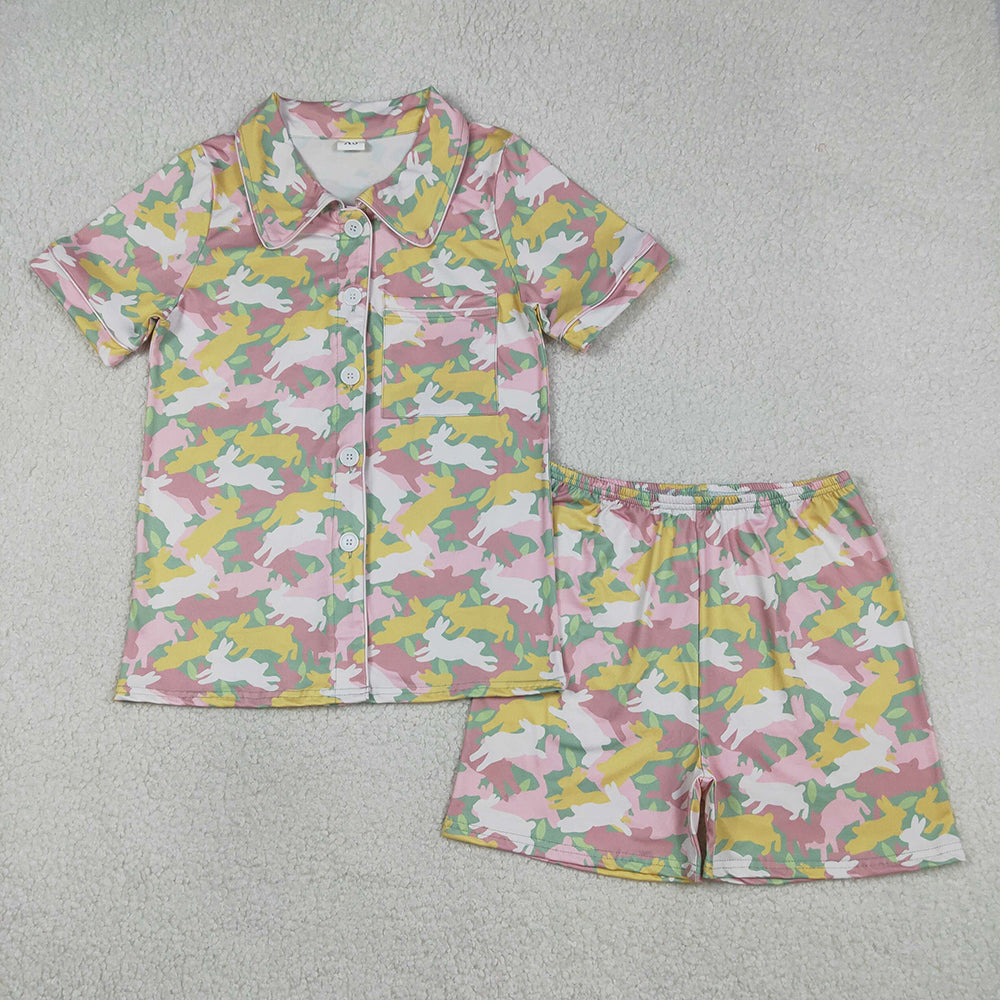 GSSO2973  Adult Bunny Camo Print Woman Easter Buttons Pajamas Clothes Set