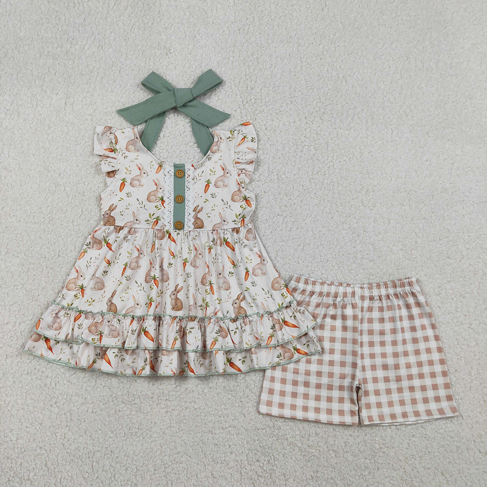 GSSO2980 Bunny Carrot Tunic Top Plaid Shorts Girls Easter Clothes Set