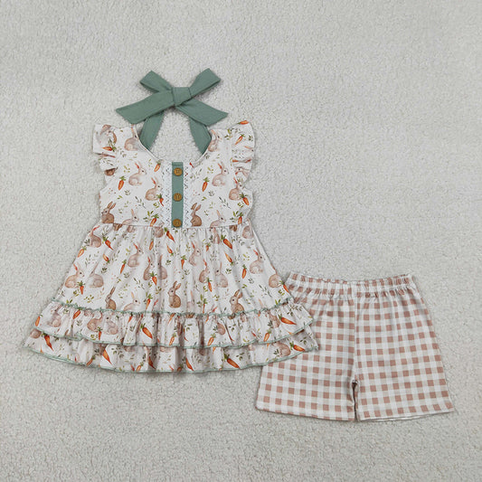 GSSO2980 Bunny Carrot Tunic Top Plaid Shorts Girls Easter Clothes Set