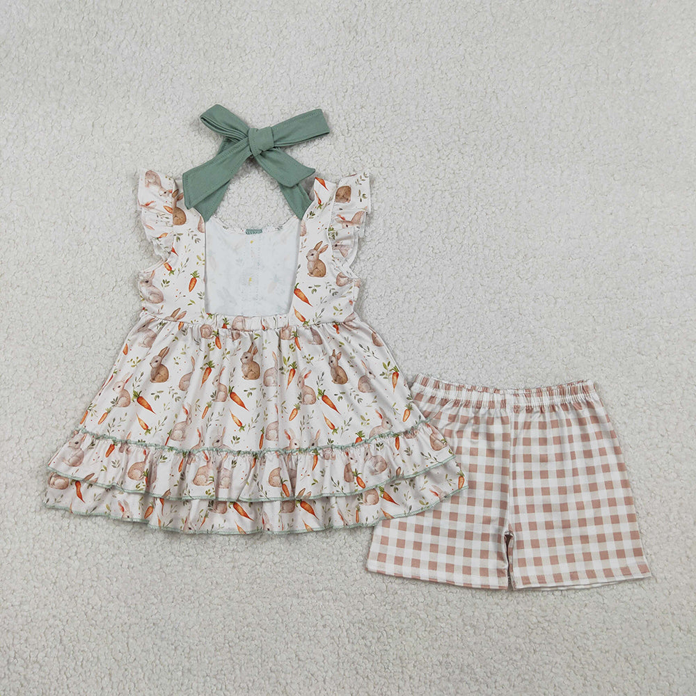 GSSO2980 Bunny Carrot Tunic Top Plaid Shorts Girls Easter Clothes Set