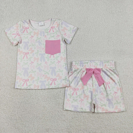 GSSO2990 Pocket Top Colorful Bows Shorts Girls Summer Clothes Set