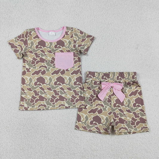 GSSO2994 Pink Pocket Top Brown Camo Shorts Girls Summer Clothes Set