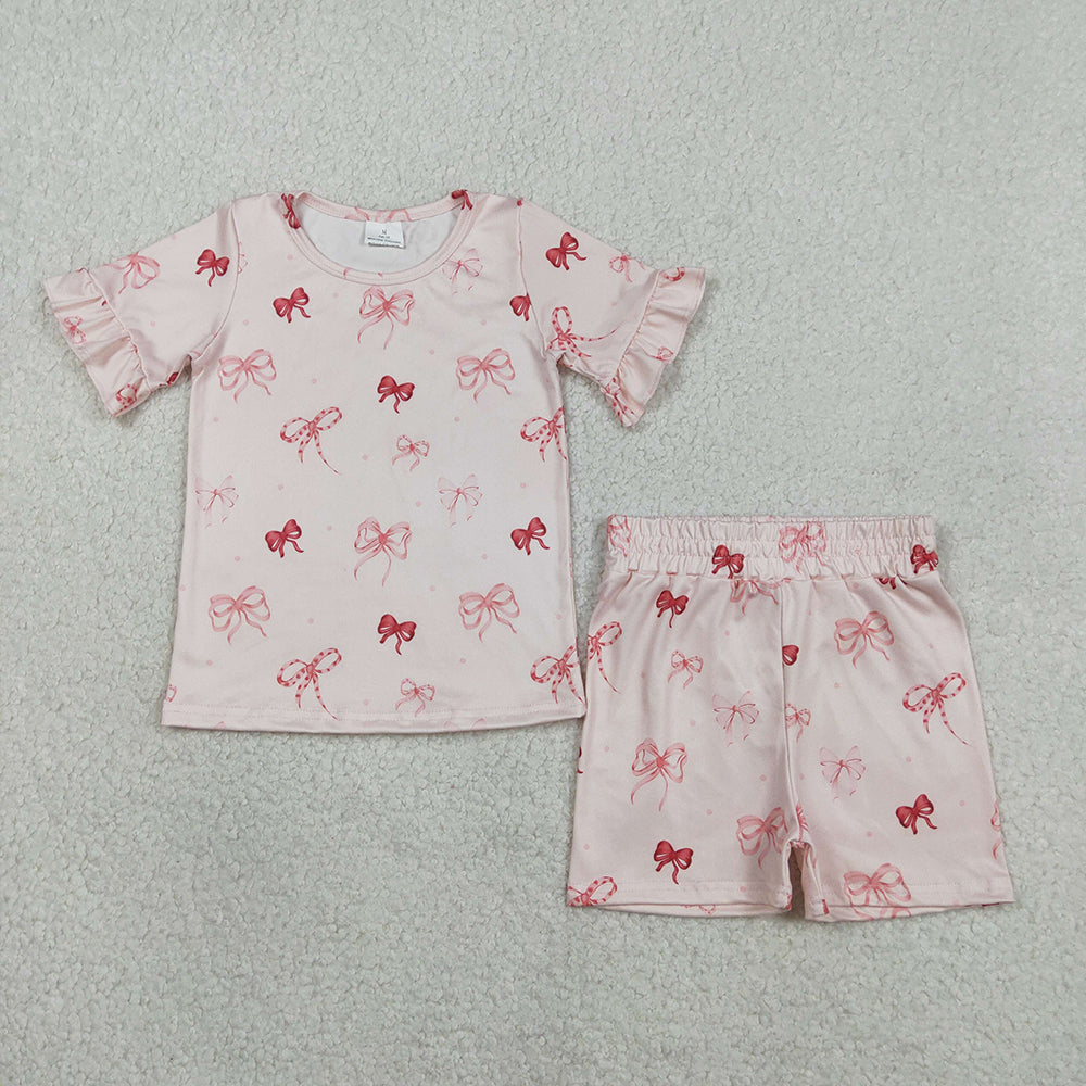 GSSO2996  Red Bows Pink Print Girls Summer Clothes Set
