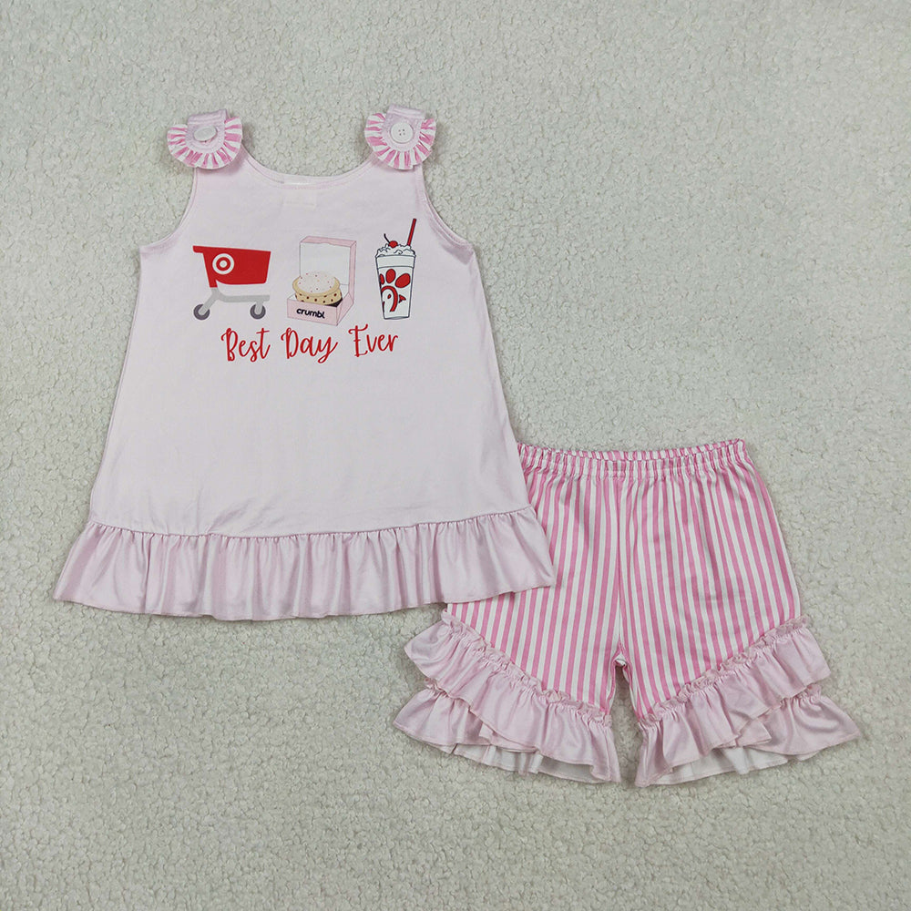 GSSO3008 Best Day Ever Pink Tunic Top Stripes Shorts Girls Summer Clothes Set