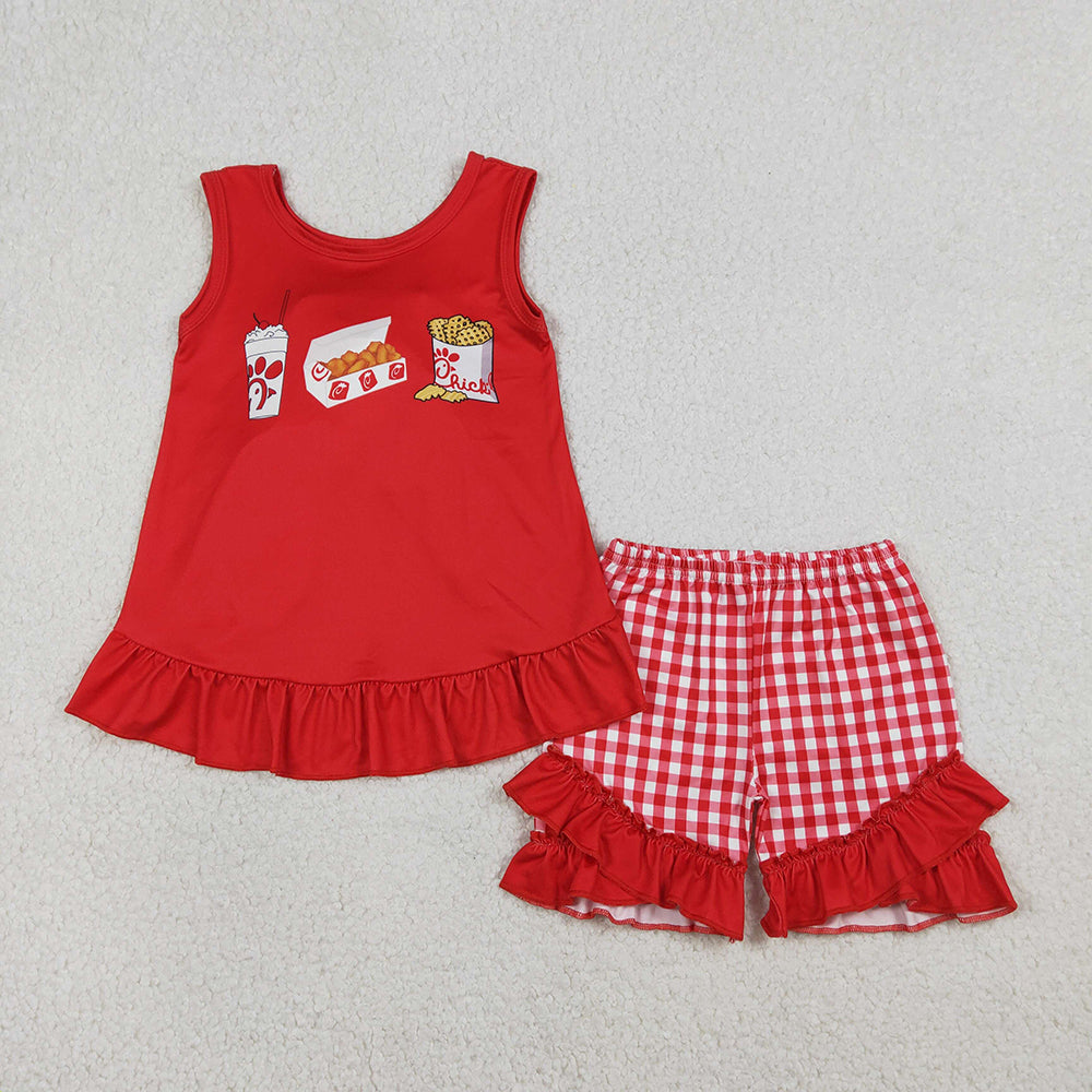GSSO3009 Fried Chicken Red Backless Top Plaid Shorts Girls Summer Clothes Set