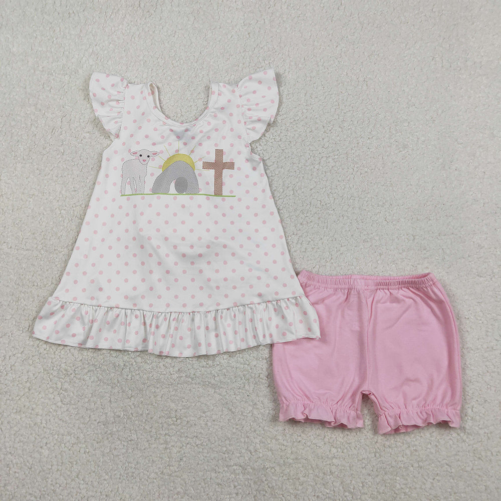 GSSO3018  Cross Sunday Dots Backless Top Pink Shorts Girls Easter Clothes Set