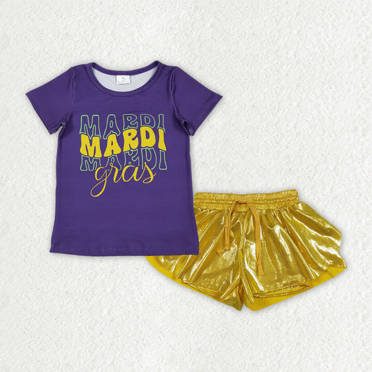 GSSO3044  Purple Top Gold Flutter Shorts Girls Mardi Gras Clothes Set