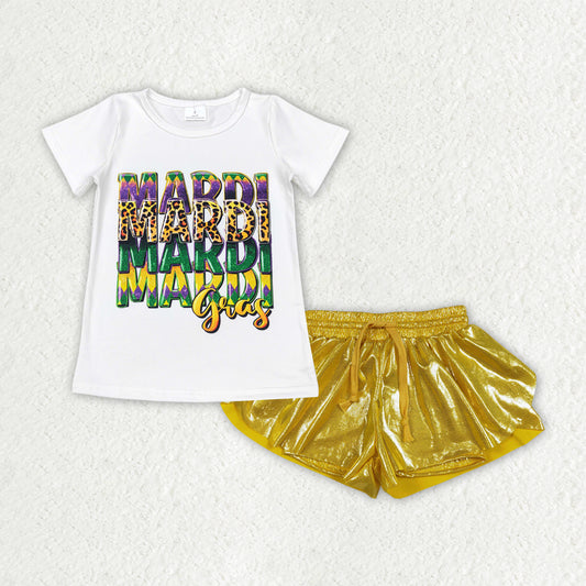 GSSO3045  White Top Gold Flutter Shorts Girls Mardi Gras Clothes Set