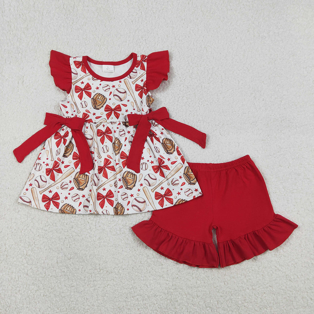 GSSO3058 Baseball Bows Tunic Top Red Shorts Girls Summer Clothes Set