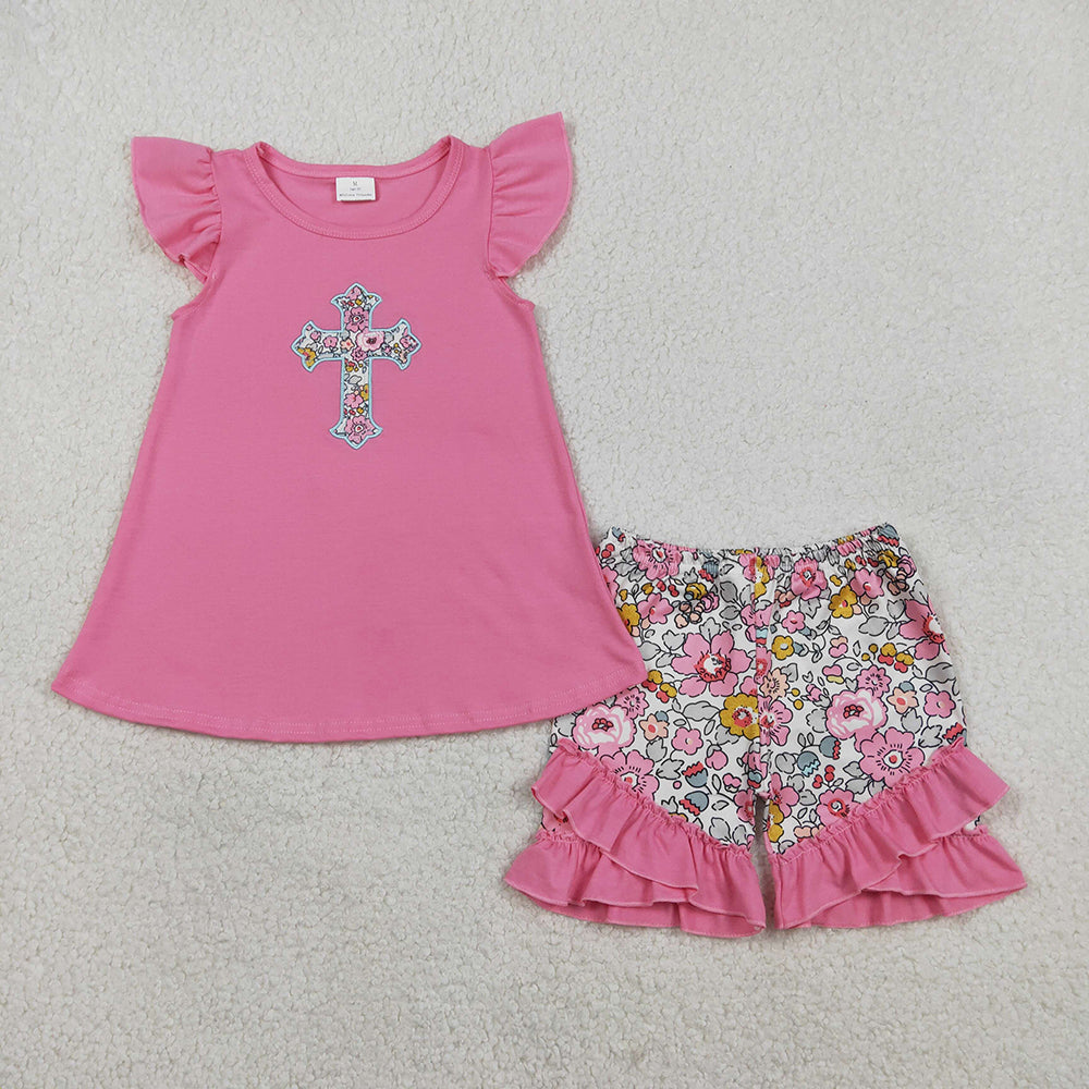 Cross Embroidery Flowers Pink Girls Easter Matching Clothes Sisters Wear