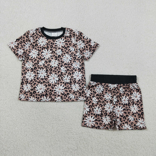 GSSO3079  Leopard Flowers Print Girls Summer Clothes Set