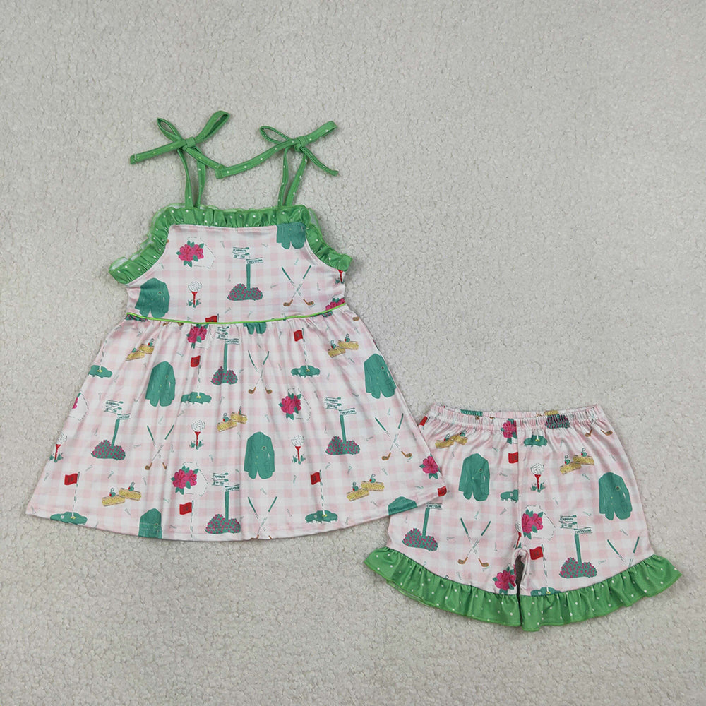 GSSO3099  Golf Pink Plaid Strap Tunic Top Ruffle Shorts Girls Summer Clothes Set