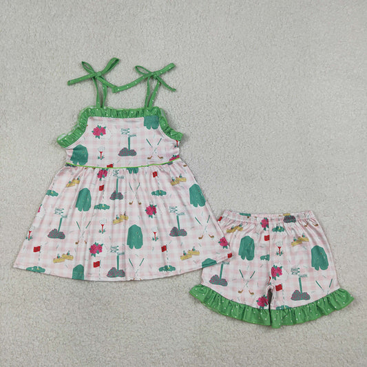 GSSO3099  Golf Pink Plaid Strap Tunic Top Ruffle Shorts Girls Summer Clothes Set