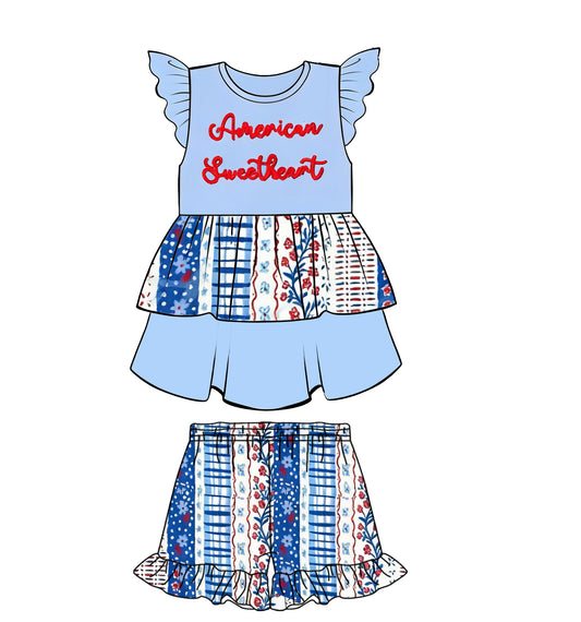 (Pre-order)GSSO3108 America Sweetheart Top Flowers Shorts Girls 4th of July Clothes Set