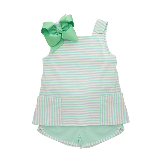 (Pre-order)GSSO3110 Stripes Pockets Top Green Shorts Girls Summer Clothes Set