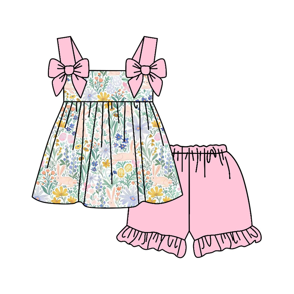 (Pre-order)GSSO3112  Bunny Colorful Flowers Tunic Top Pink Shorts Girls Easter Clothes Set
