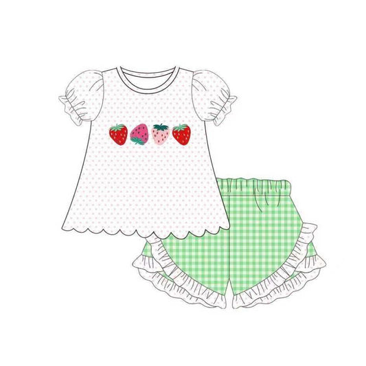 (Pre-order)GSSO3113  Strawberry Dots Tunic Top Plaid Shorts Girls Summer Clothes Set
