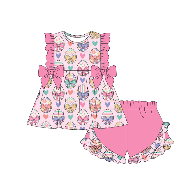 (Pre-order)GSSO3115  Colorful Flowers Eggs Bows Tunic Top Pink Shorts Girls Easter Clothes Set