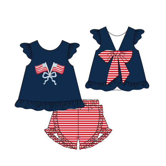 (Pre-order)GSSO3116  Flag Bows Navy Tunic Top Stripes Shorts Girls 4th of July Clothes Set