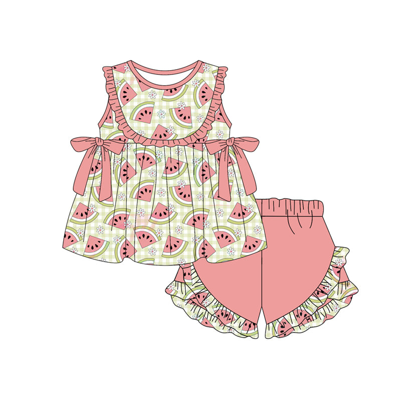 (Pre-order)GSSO3118  Watermelon Flowers Print Shorts Girls Summer Clothes Set