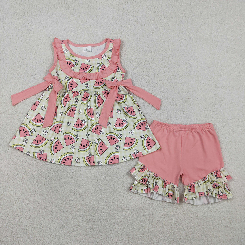 GSSO3118  Watermelon Flowers Tunic Top Pink Ruffle Shorts Girls Summer Clothes Set