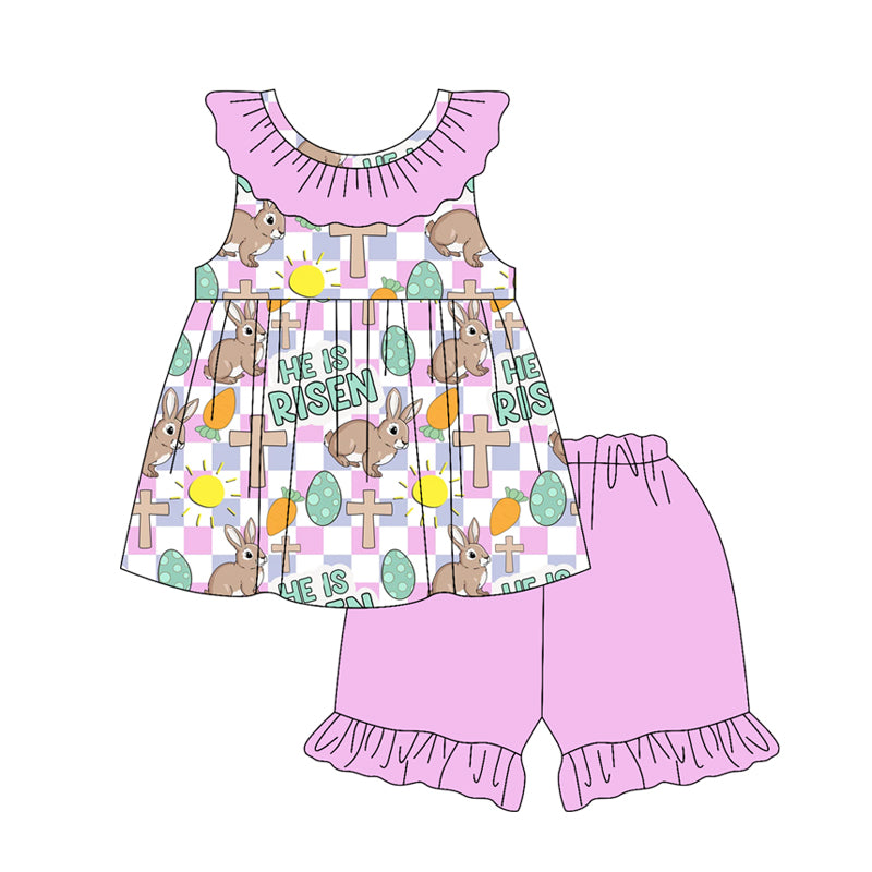 (Pre-order)GSSO3119  Bunny Eggs Cross Plaid Tunic Top Pink Shorts Girls Easter Clothes Set