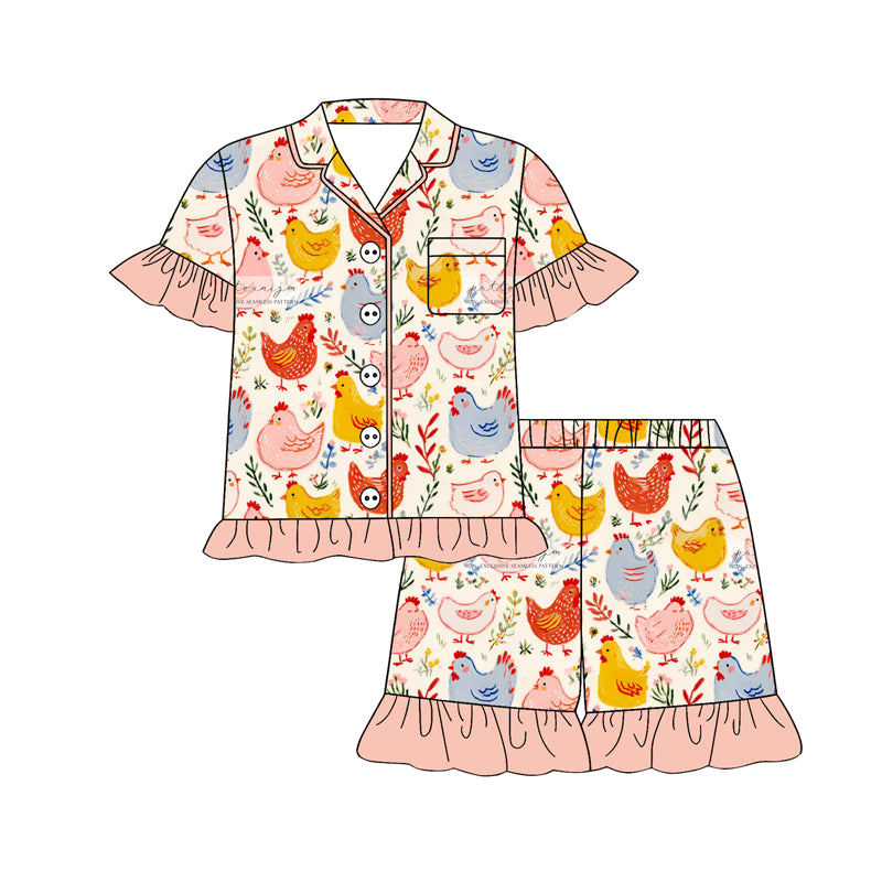 (Pre-order)GSSO3121 Chicken Flowers Print Girls Summer Buttons Pajamas Clothes Set
