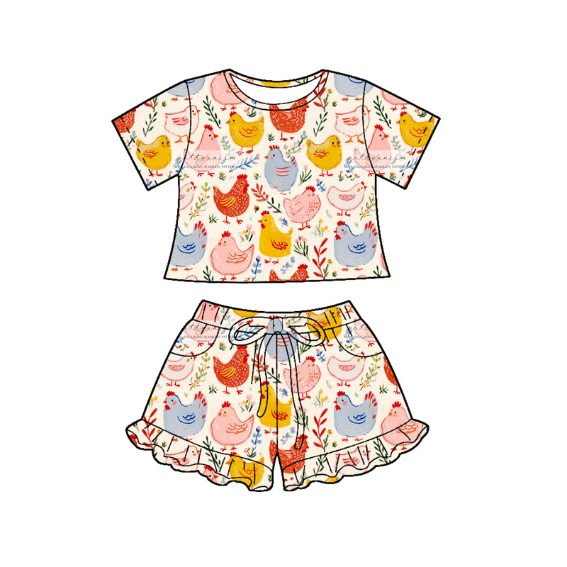 (Pre-order)GSSO3122  Chicken Flowers Print Shorts Girls Summer Clothes Set