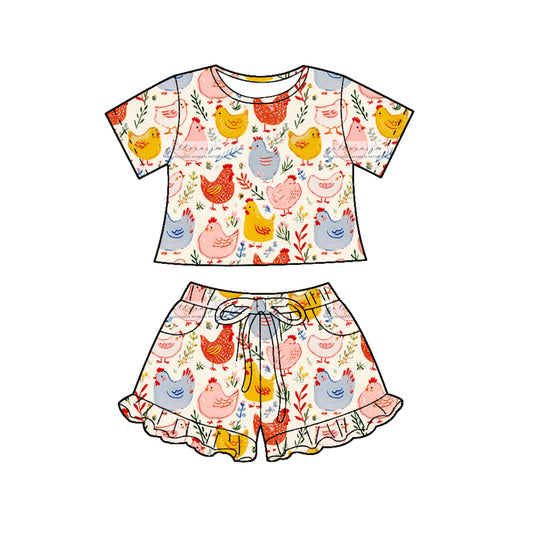 (Pre-order)GSSO3122  Chicken Flowers Print Shorts Girls Summer Clothes Set