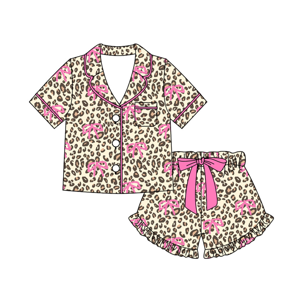 (Pre-order)GSSO3125  Leopard Bows Print Girls Summer Buttons Pajamas Clothes Set