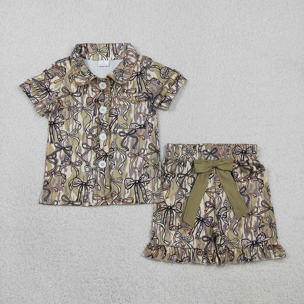 GSSO3126  Camo Bows Print Girls Summer Buttons Pajamas Clothes Set