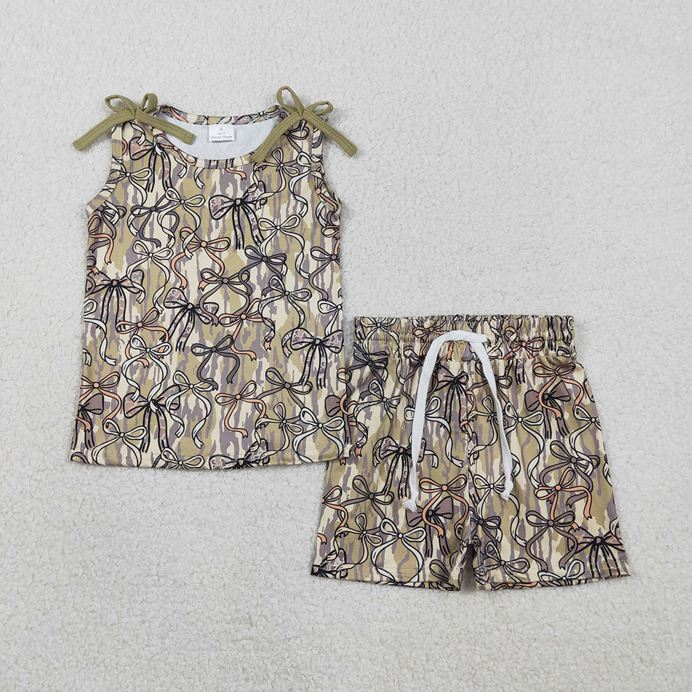 GSSO3127  Camo Bows Print Girls Summer Clothes Set